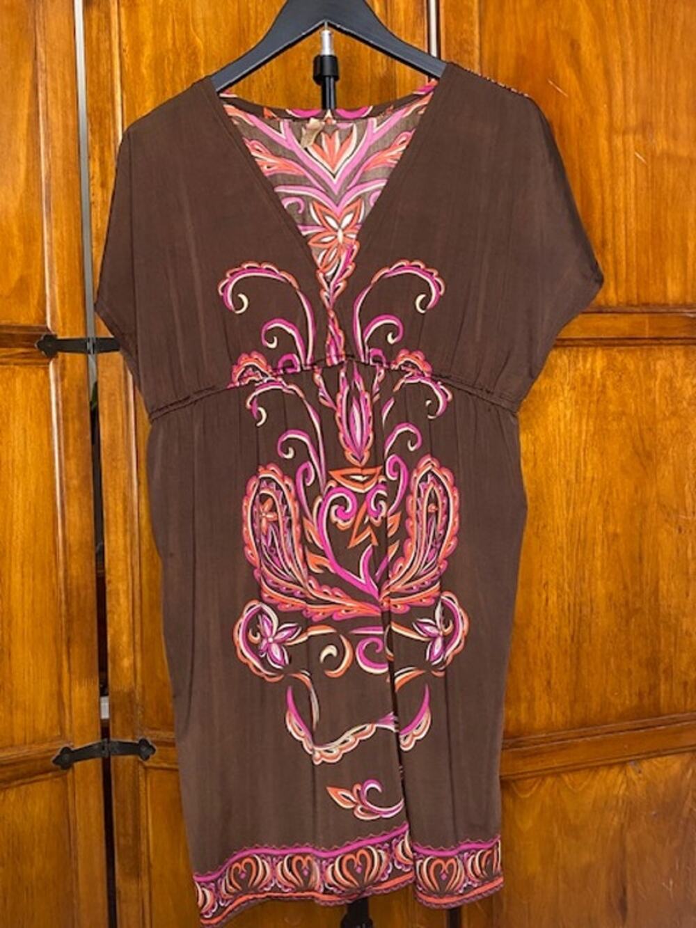 India Boutique Women’s Dress Brown Multicolor Paisley Floral Boho Dress 95% Poly